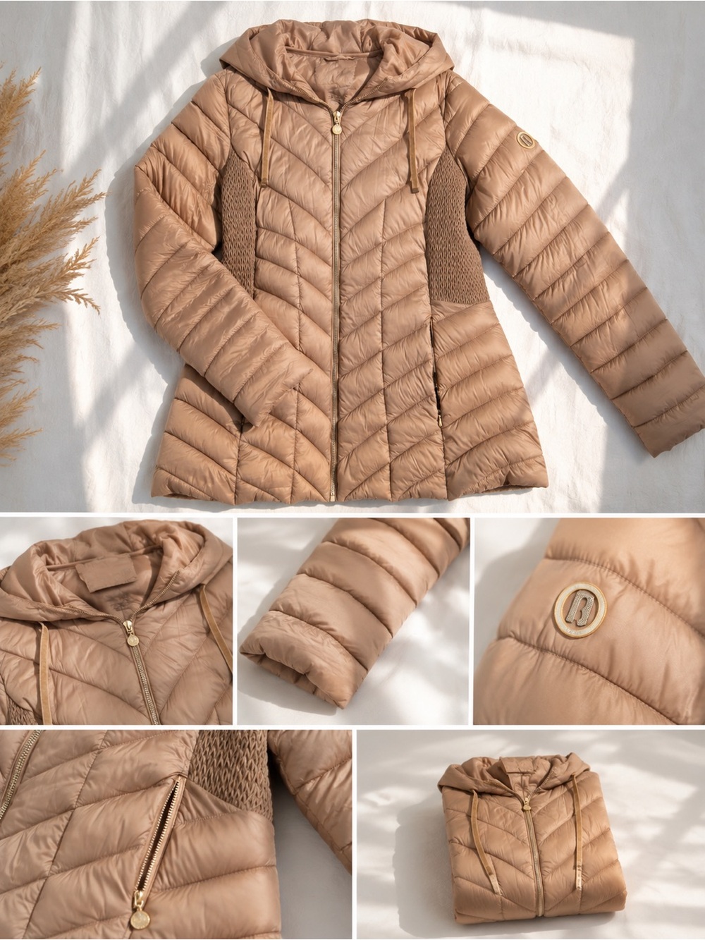Bernardo Hooded Quilted Puffer Jacket in Camel Brown